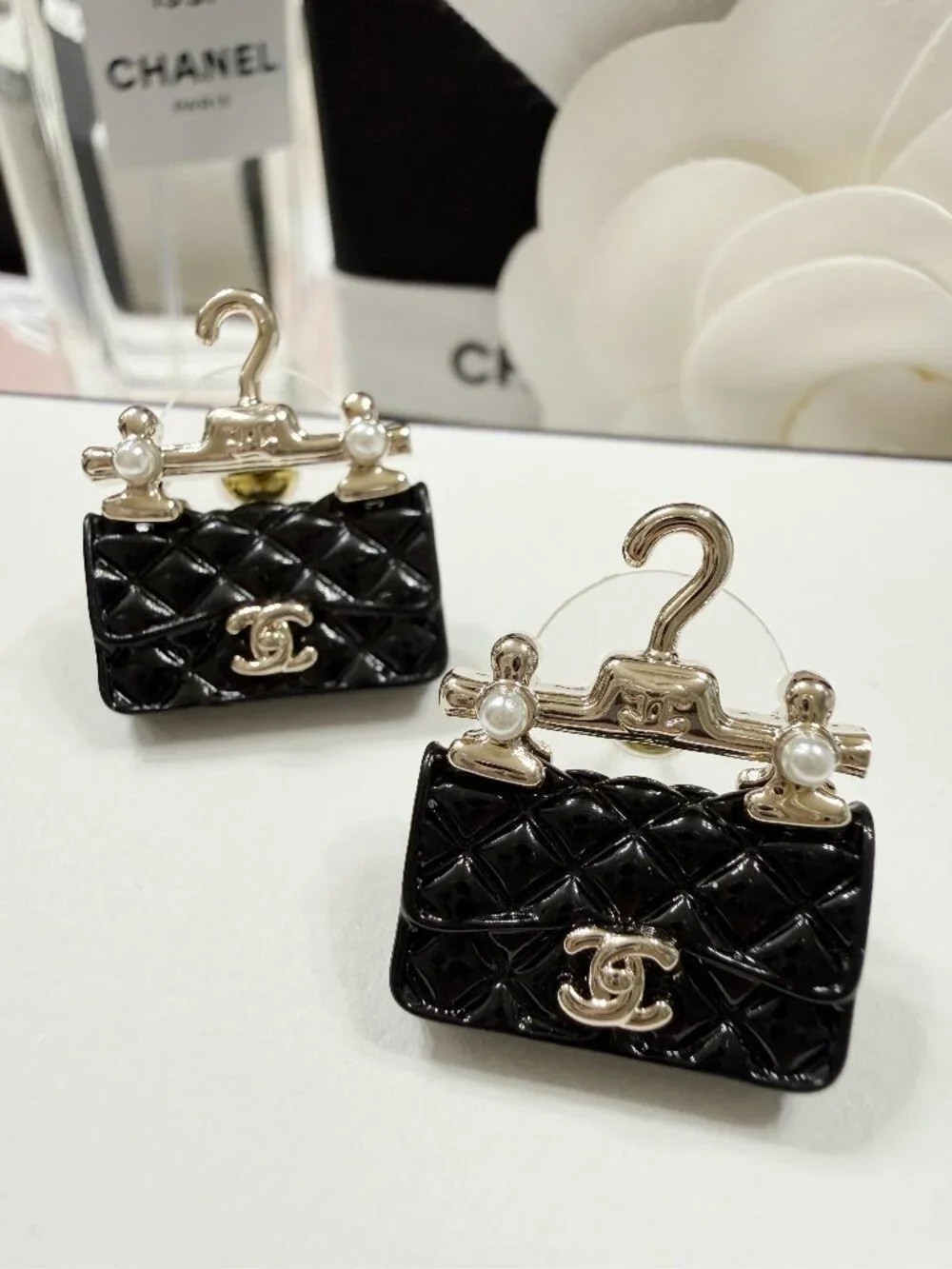 CHANEL Black Quilted Bag Hanger CC Stud Earrings